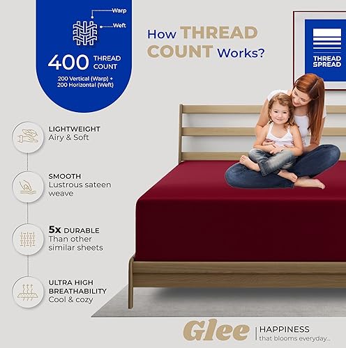 Miniatura 2 de Sábana bajera ajustable de 400 hilos, 100% algodón, sábana bajera tamaño matrimonial, color burdeos, sábana bajera larga de algodón natural puro