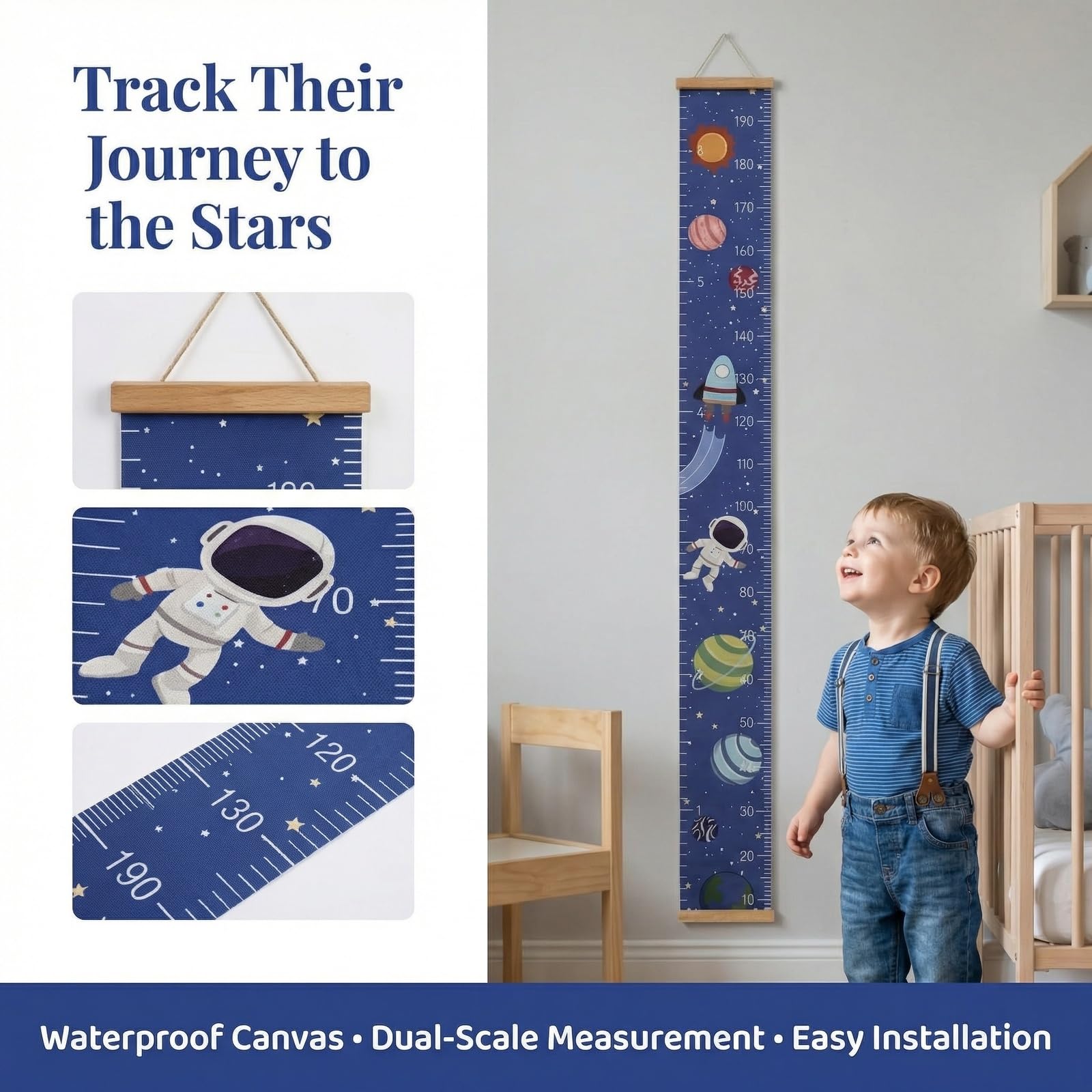 Bebé Gráficos de Crecimiento 7.9 '' x 79 '' Medidor Altura Niños Pared Regla de Pared de Madera Tabla de Crecimiento para Niños para Dormitorio Infantil (Espacio)