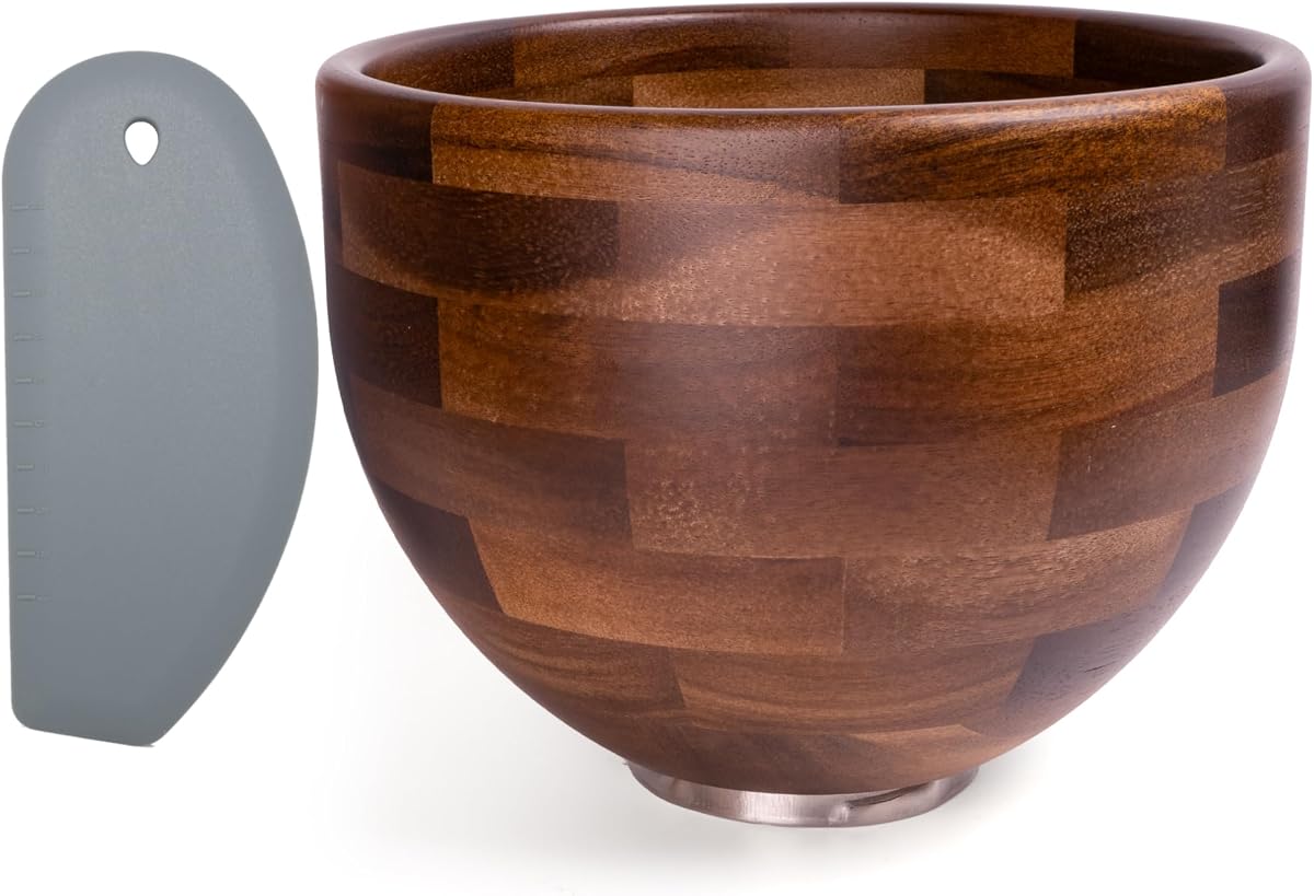 Acacia Wooden Mixing Bowl for KitchenAid 4.5/5QT Mixer with Dough Scrape | Sourdough Proofing Bowl | Noise Reducing Wool Bowl | Generalduty Baking Vessel | Easy Care Housewarming Gift for Home Bakers