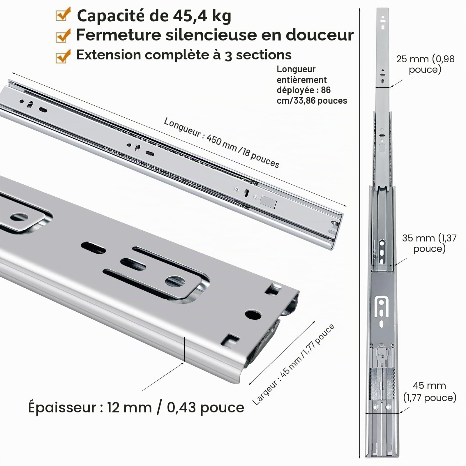 glissiere pour tiroir 4 paires (8pcs), 45cm Glissières de tiroir à fermeture automatique douce, extension complète avec glissières à roulement à billes, coulisse tiroir 45kg de capacité