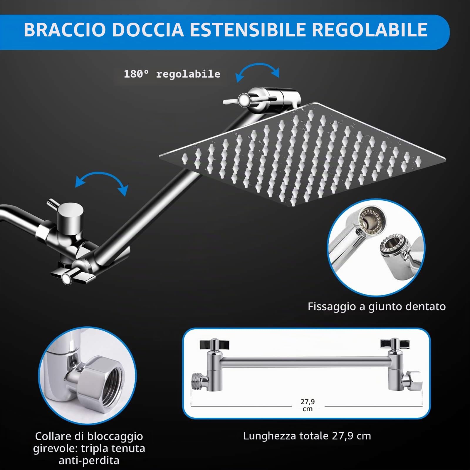 Soffione doccia combinato, soffione doccia a pioggia ad alta pressione da 27,3 cm con braccio di estensione regolabile da 27,9 cm e 5 impostazioni, potente spray contro acqua a bassa pressione con