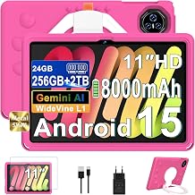 Tablet Android 15 Con EVA Silicone Custodia Protettiva, 24GB+256GB/2TB, Tablet 11 Pollici Octa-Core, Gemini AI/Widevine L1, 8000 mAh, 13MP+5MP, Corpo Metallo, Tableta Grande-Rose