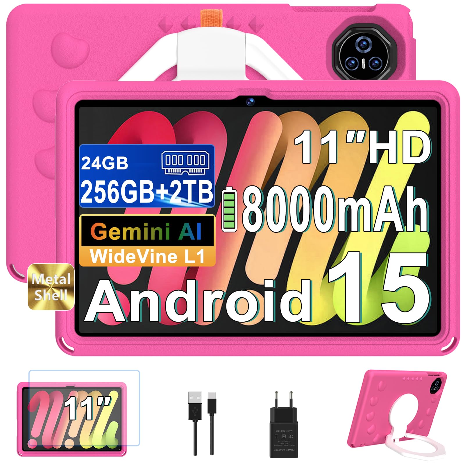 Dghrti 2026 Tablet Android 15 Con EVA Silicone Custodia Protettiva, 24GB+256GB/2TB, Bambini tablet 11 Pollici Octa-Core, Gemini AI/Widevine L1, 8000 mAh, 13MP+5MP, Corpo Metallo, Tableta Grande-Rose