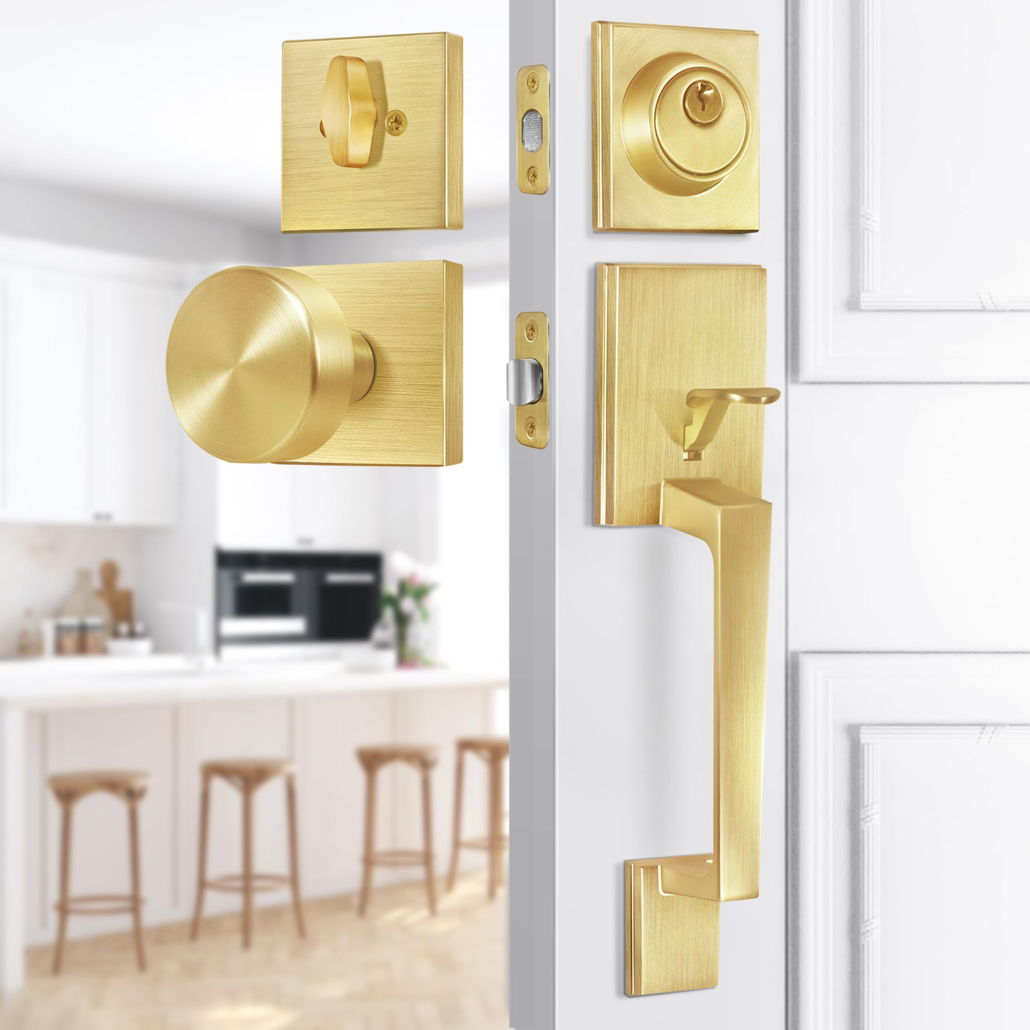 BonKuDoo Satin Brass Front Entry Door Handle, Front Door Lock Set with Single Cylinder Deadbolt and Gold Door Knob