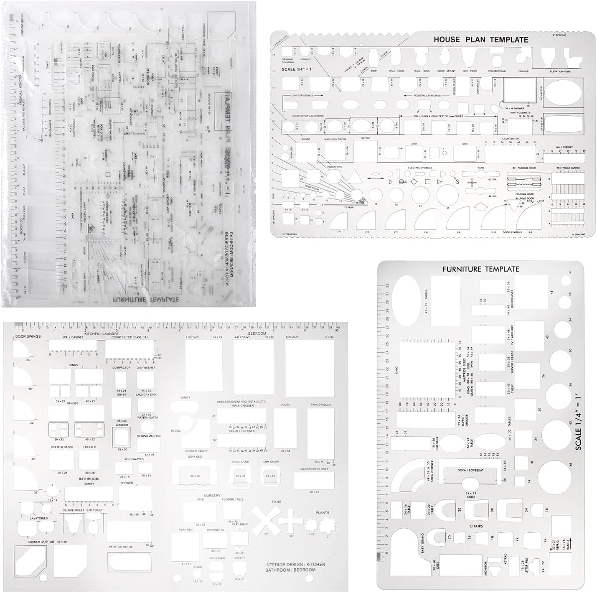 Drafting Tools and Ruler Shapes for Architecture - Set of 3 for House Plan Furniture Kitchen, Building, Interior Design