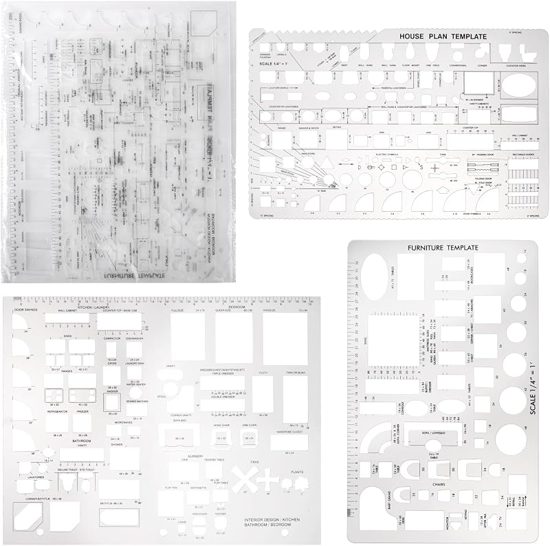 Drafting Tools and Ruler Shapes for Architecture - Set of 3 for House Plan Furniture Kitchen, Building, Interior Design