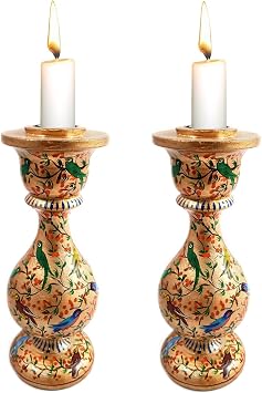 India Meets India Wooden Candle Holder Candlestick Holder Set of 2 Handicraft by Awarded Indian Artisan