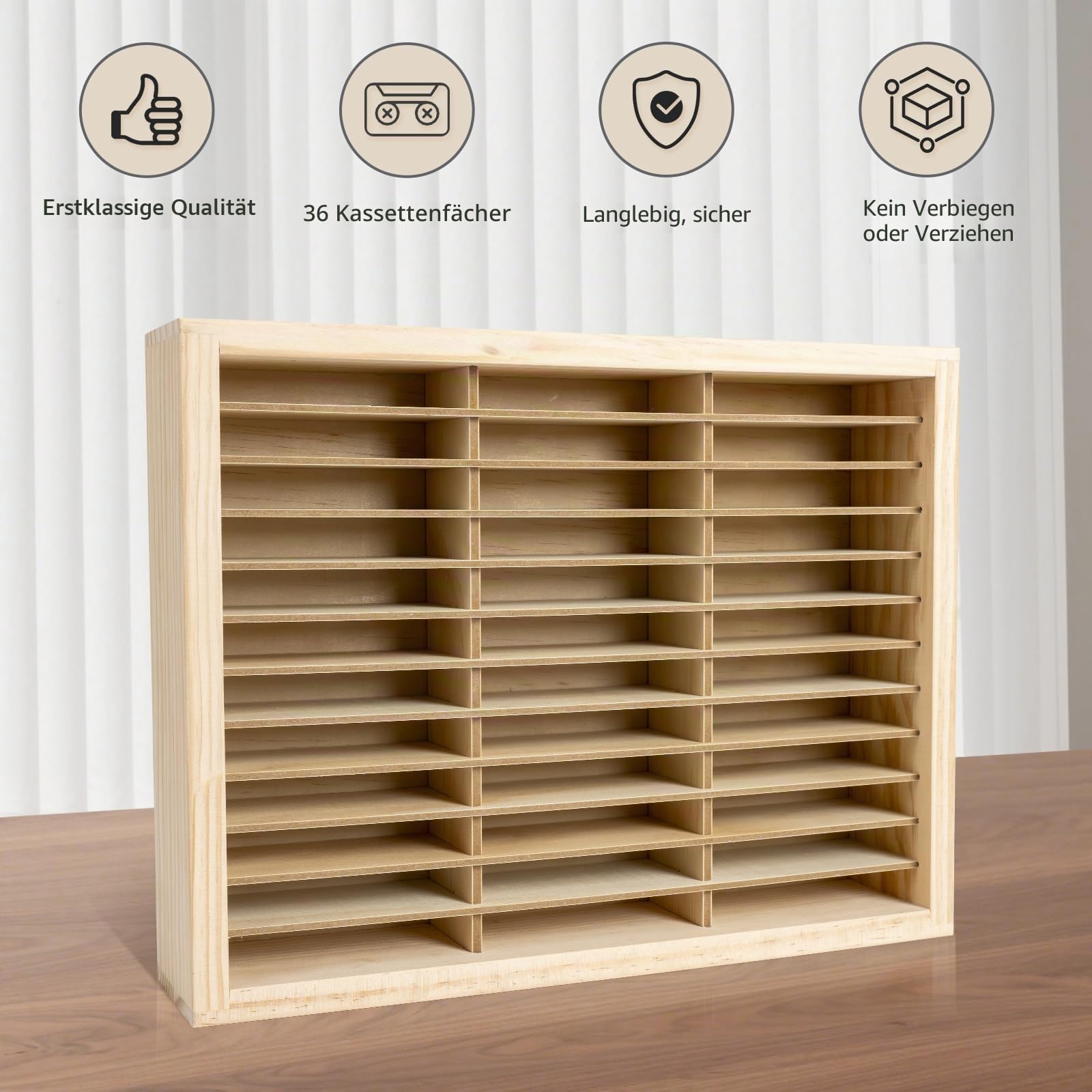 Kassetten-Aufbewahrungsregal, 36 Schlitze, Holz-Kassettenhalter, Wandhalterung oder freistehender Audio-Kassetten-Organizer, Spielkartenaufbewahrung, unlackiertes Kiefernholz