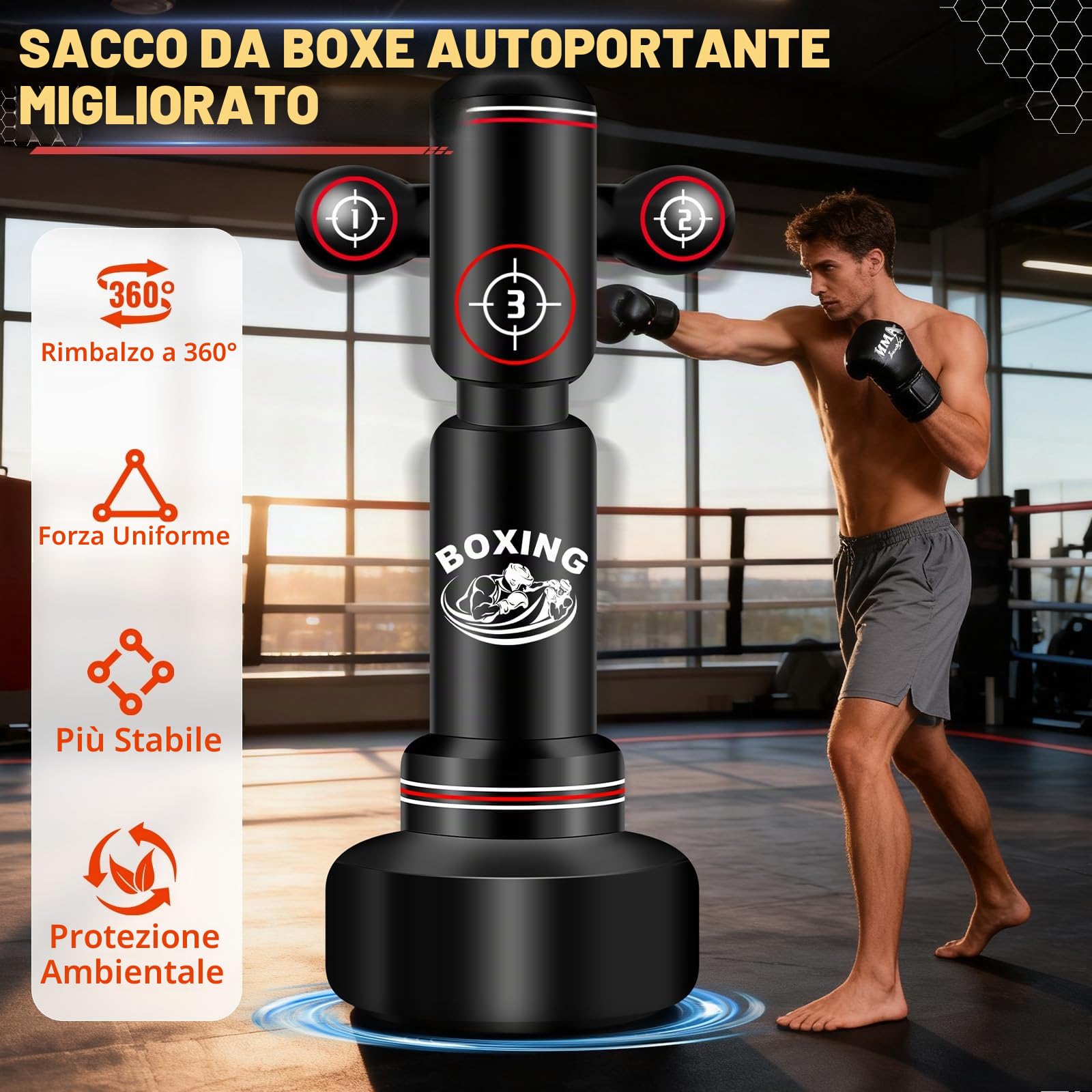 NZQXJXZ Sacco da Boxe da Terra per Adulti, 180cm Sacco da Boxe Autoportante con Guantoni da Boxe, Pompa, Corda per Saltare e Palla per Riflessi, Sacco da Box Gonfiabile per Pratica di Muay Thai MMA