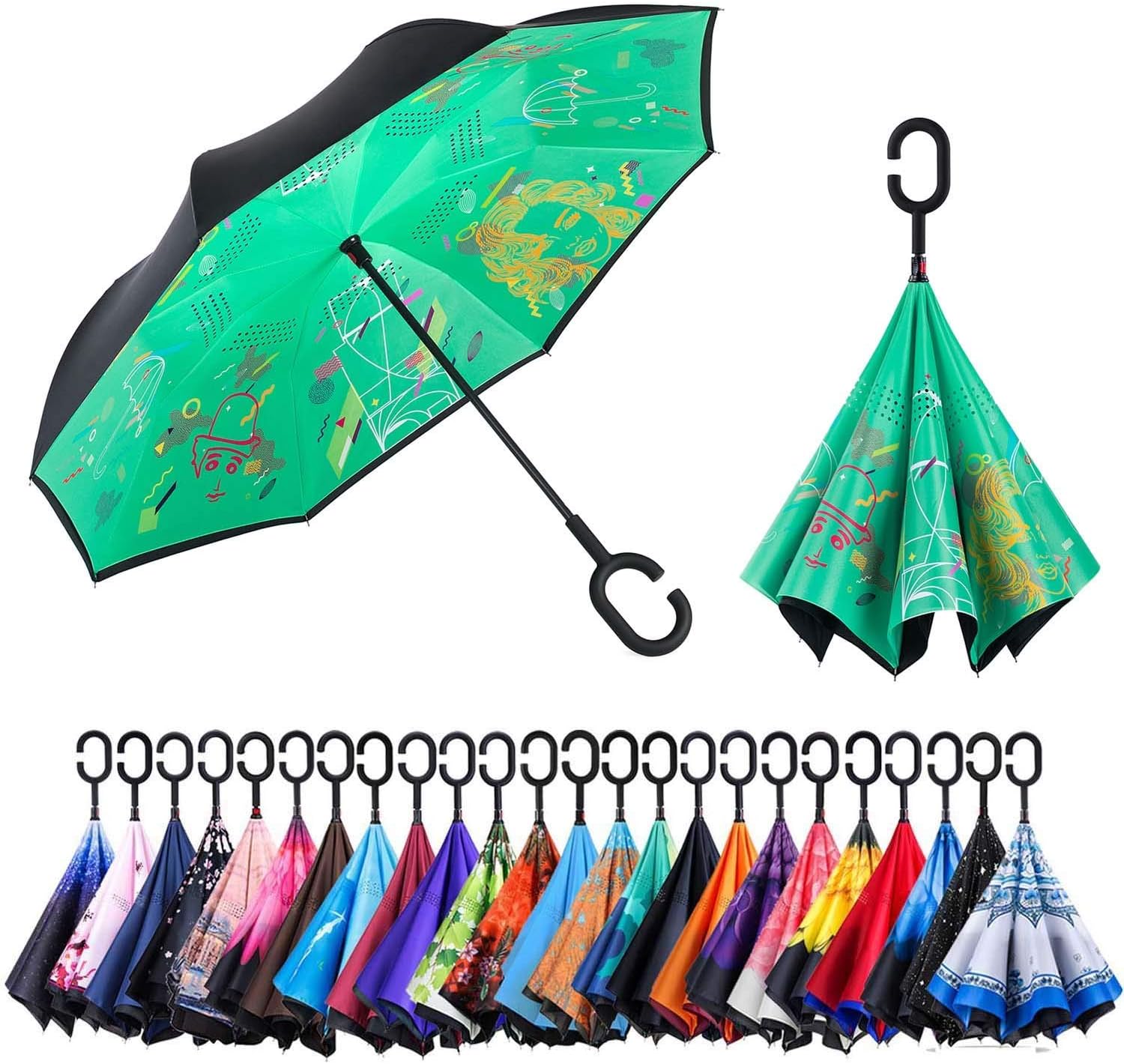Reversible Umbrella – Dual Layer Inverted Umbrella, Self-Stand & C-Shape Hook to Free Hands, Reverse Inside Out Folding for Car Driver & Passenger (City)