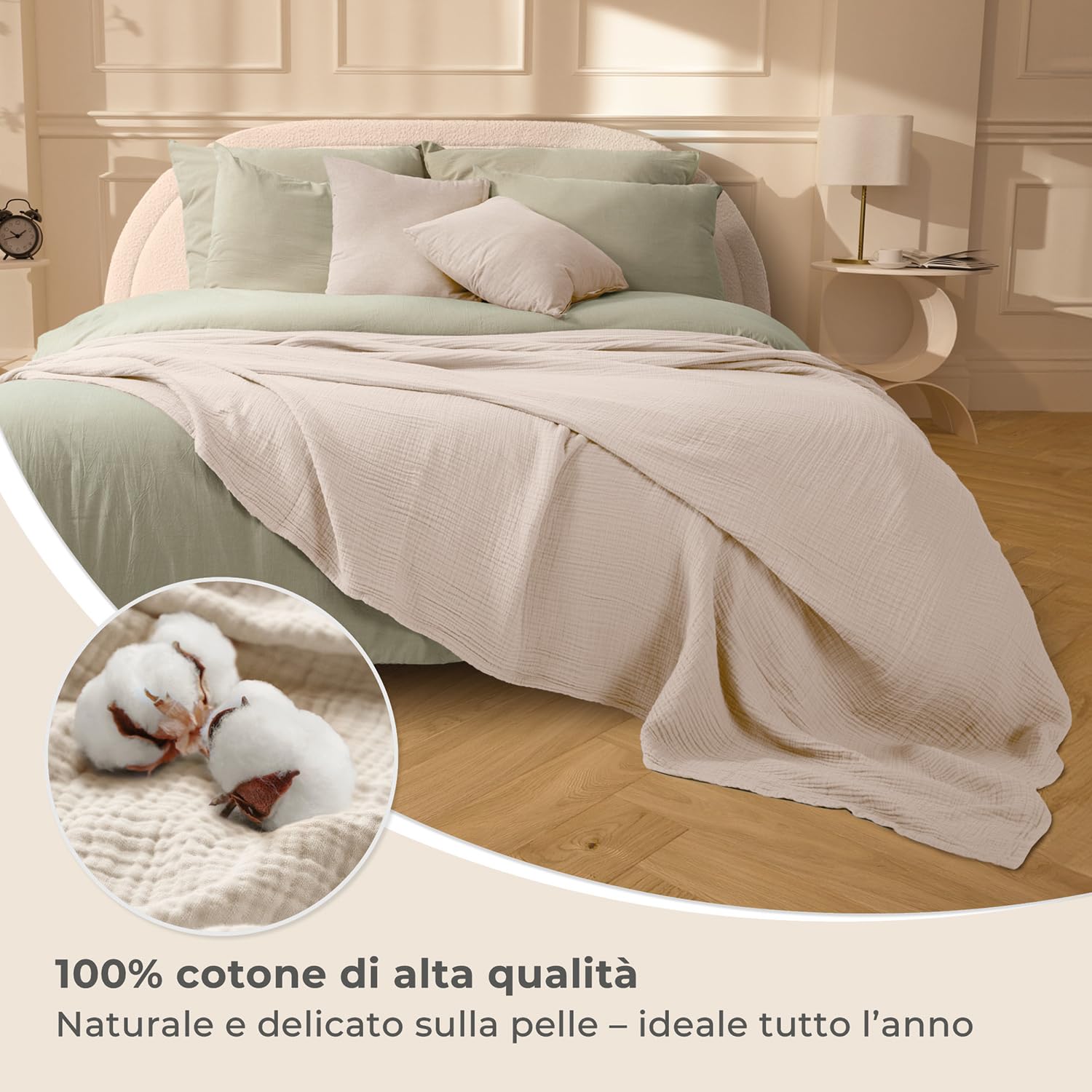 LAYNENBURG Copriletto in mussola Premium 220 x 240 cm XXL - 100% cotone - coperta in cotone extra morbida come coperta accogliente, copriletto, copridivano, copridivano (beige)