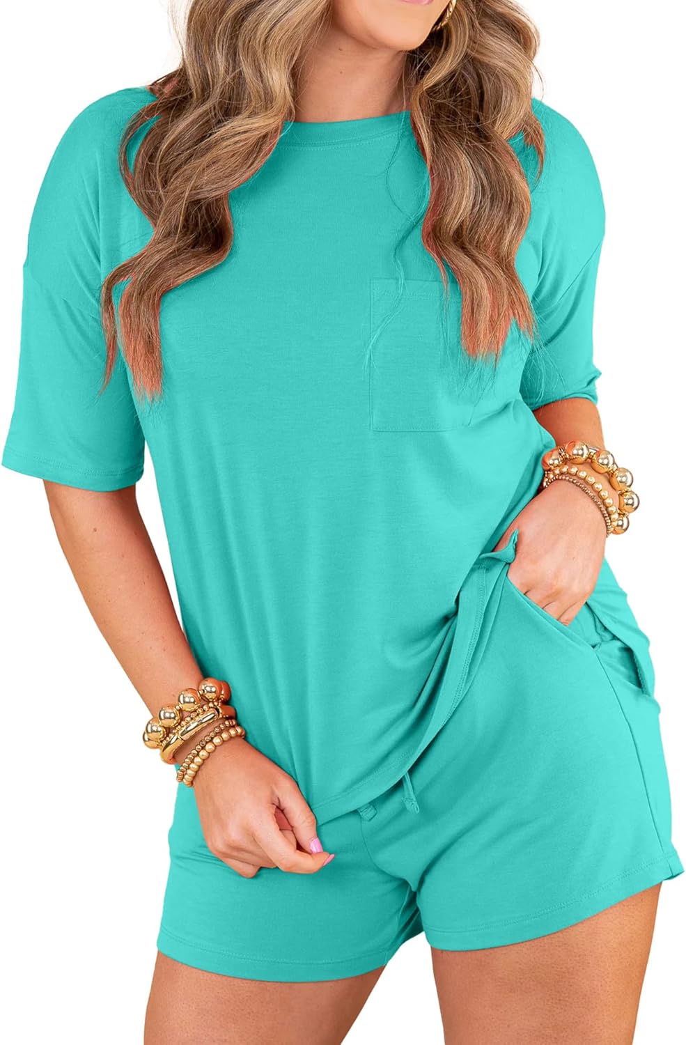 Women's Lounge Sets Pajama Sets 2 Piece Sets Summer Outfits Short Sleeve T-Shirts and Shorts Set with Pocket X-Large Lake Green