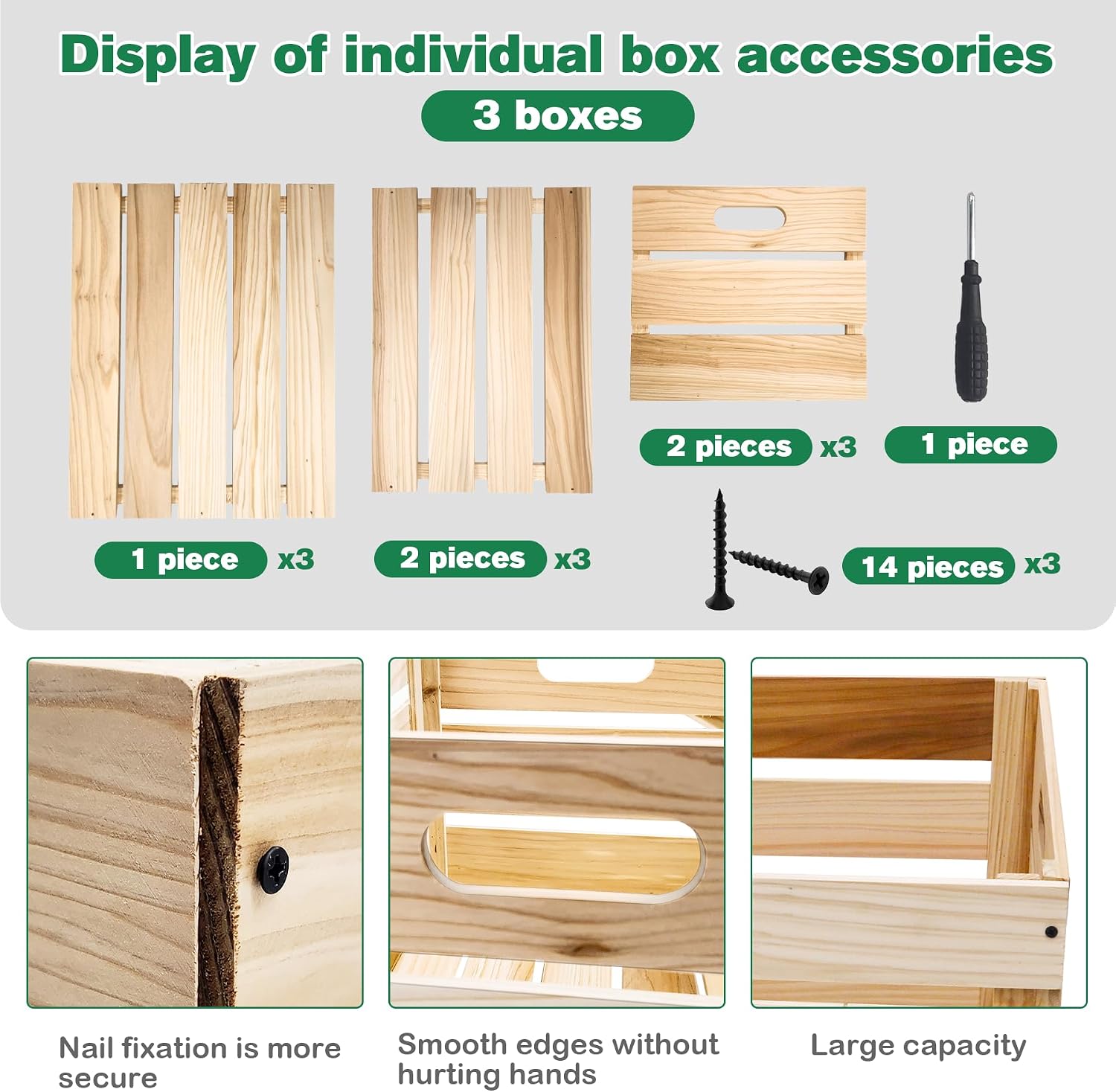 3 Pcs Large Wood Crates Box for Deco Storage Nesting Wood Boxes with Handles Decorative for DIY Office Home Storage Art Craft (15.7x11.8x10.5in)