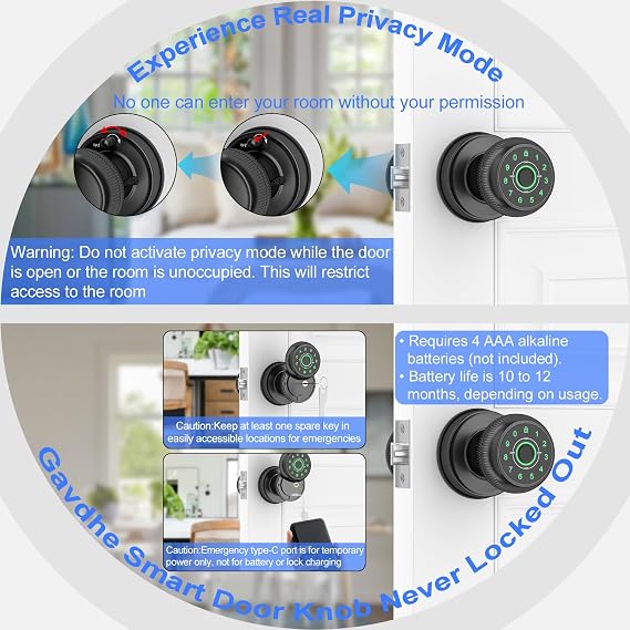 Fingerprint Door Lock-Smart Door Knob with Passcode Keypad-Finger Print Door Knob, App Control，Auto Lock，Privacy Mode - Ideal for Apartment, Bedroom, Office, Matte Black