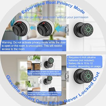 Fingerprint Door Lock-Smart Door Knob with Passcode Keypad-Finger Print Door Knob, App Control，Auto Lock，Privacy Mode - Ideal for Apartment, Bedroom, Office, Matte Black