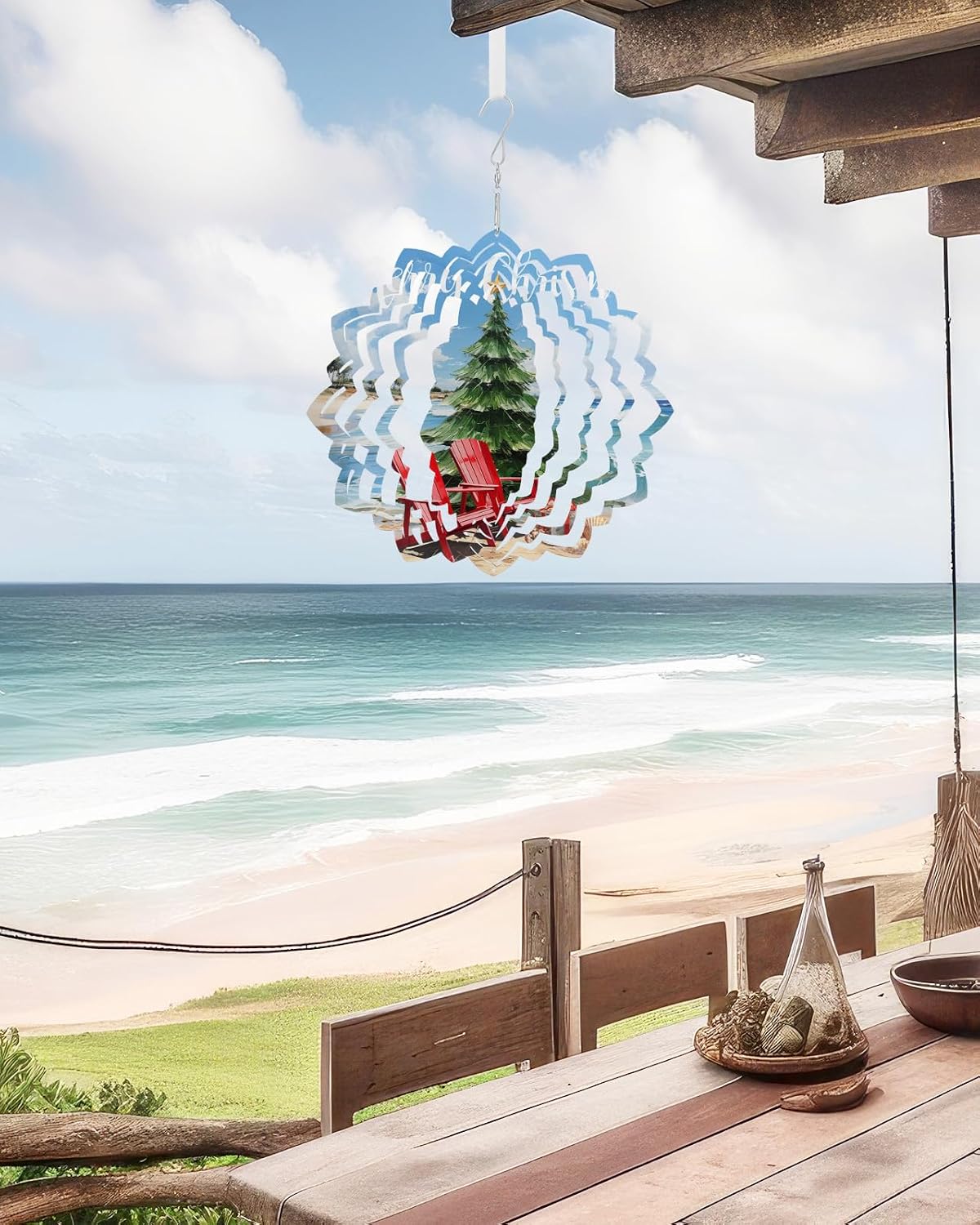 Christmas Wind Spinners for Yard and Garden Decor, Merry Christmas Tree Beach Metal Wind Spinner Hanging for Outdoor Indoor Decor, Watercolor Porch Garden Wind Sculptures Decorations 10inch