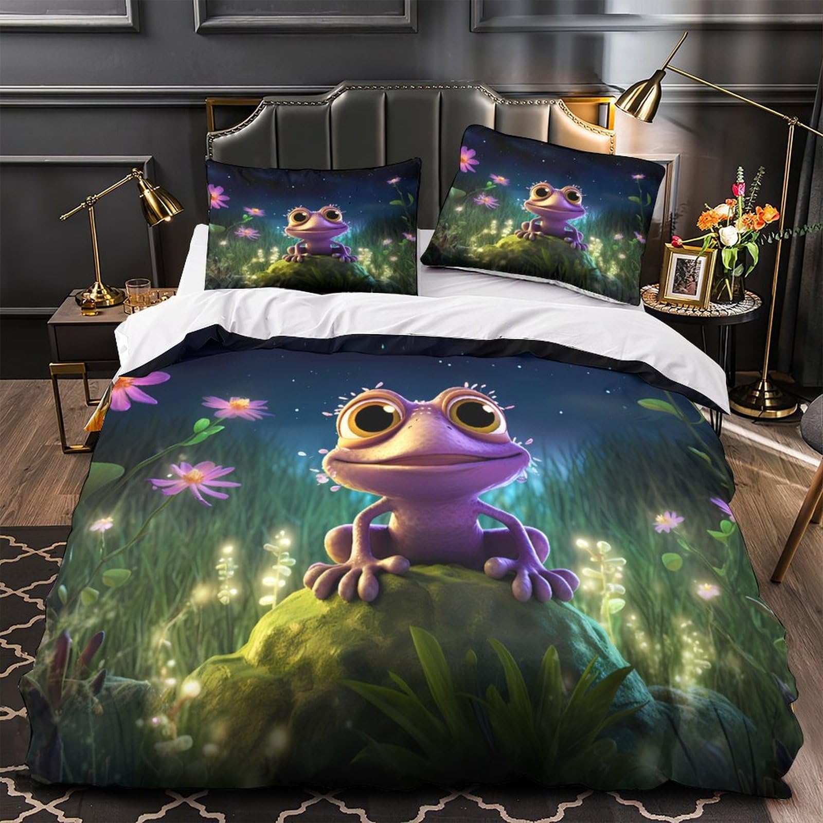 Housse de couette grenouille violette douce en microfibre résistante avec fermeture éclair