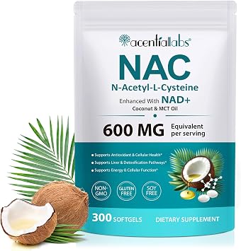 NAC Supplement 600mg with NAD& MCT Oil   N-Acetyl L-Cysteine Antioxidant for Glutathione Support   Liver Health & Cellular Energy Support   300 Softgels   Non-GMO, Gluten Free   100 Day Supply