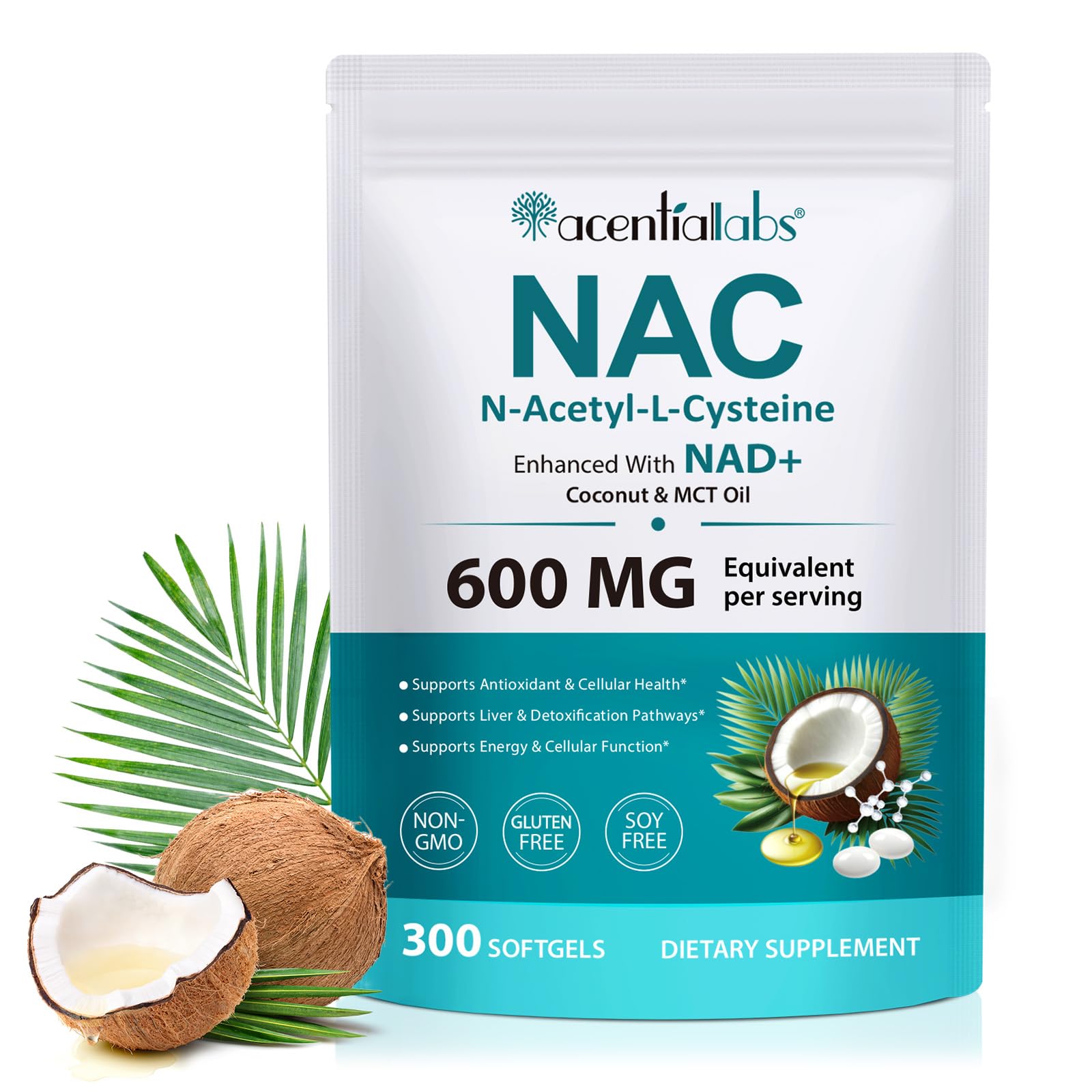 NAC N Acetyl L Cysteine 600 mg Softgels with NAD Enhanced with Coconut & MCT Oil