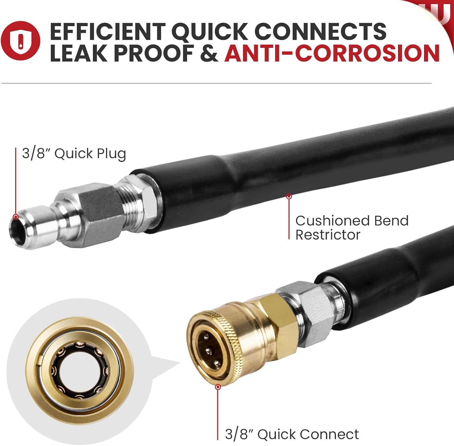 WOJET Pressure Washer Hose 50ft 3/8",4500PSI Wear Resistant Replacement Hose for Gas&Electric Power Washer,Steel Braided Rubber Hose with 3/8" Quick Connect Swivel&M22 Hose Adapter for Cold&Hot Water