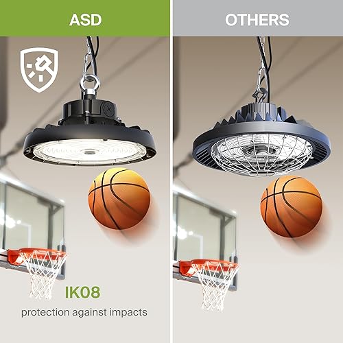 Miniatura 7 de ASD UFO LED High Bay Light 150w 19,479lm 5000K, 1-10V regulable, 120-277V, luz de área de almacén comercial impermeable IP69K Eqw.500W MHHPS, cuerda