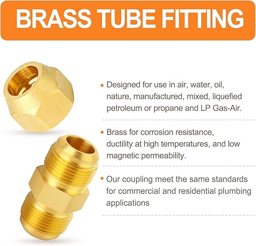 Miniatura 20 de GASHER 10 piezas de latón SAE 45 grados Flare Tube Fitting, 1/2" Flare Nut Aire Acondicionado Tubo de cobre Extensión de tubo de cobre a tope Tuerca
