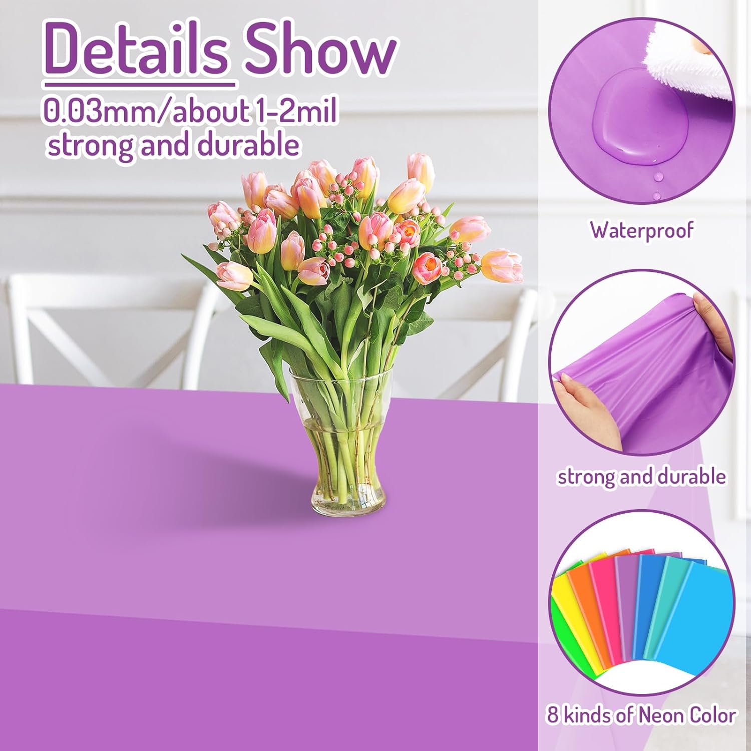 Whaline 32Pcs Neon Color Plastic Tablecloth 8 Fluorescent Colors Rectangle Table Cover Waterproof Table Cloth for Party Decoration Supplies, 54 x 108 Inch