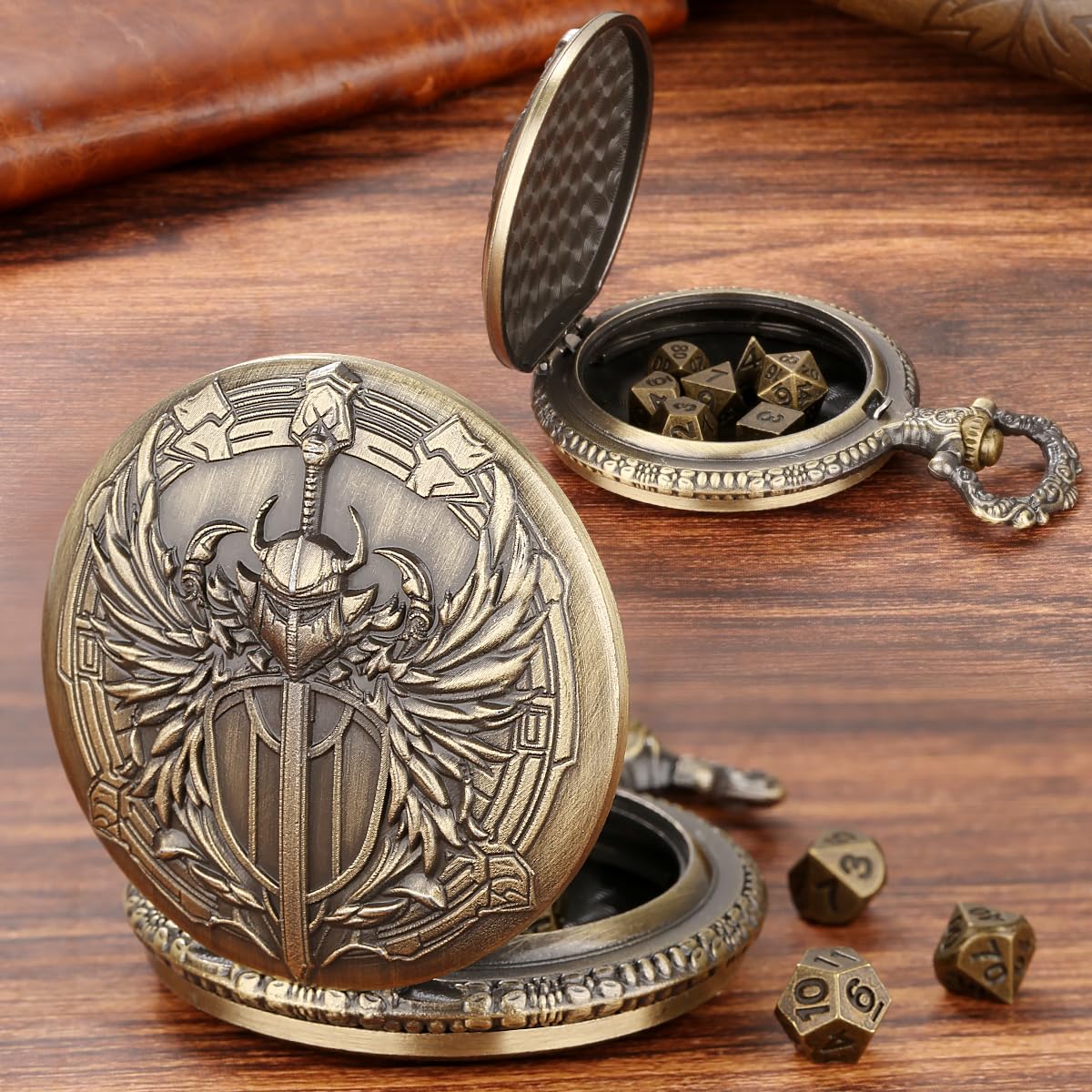Mini DND Dice Set including Steampunk Paladin Pocket Watch Shell Case, DND Starter Set, 7pcs Polyhedral Mini Metal Dice Set - Image 3