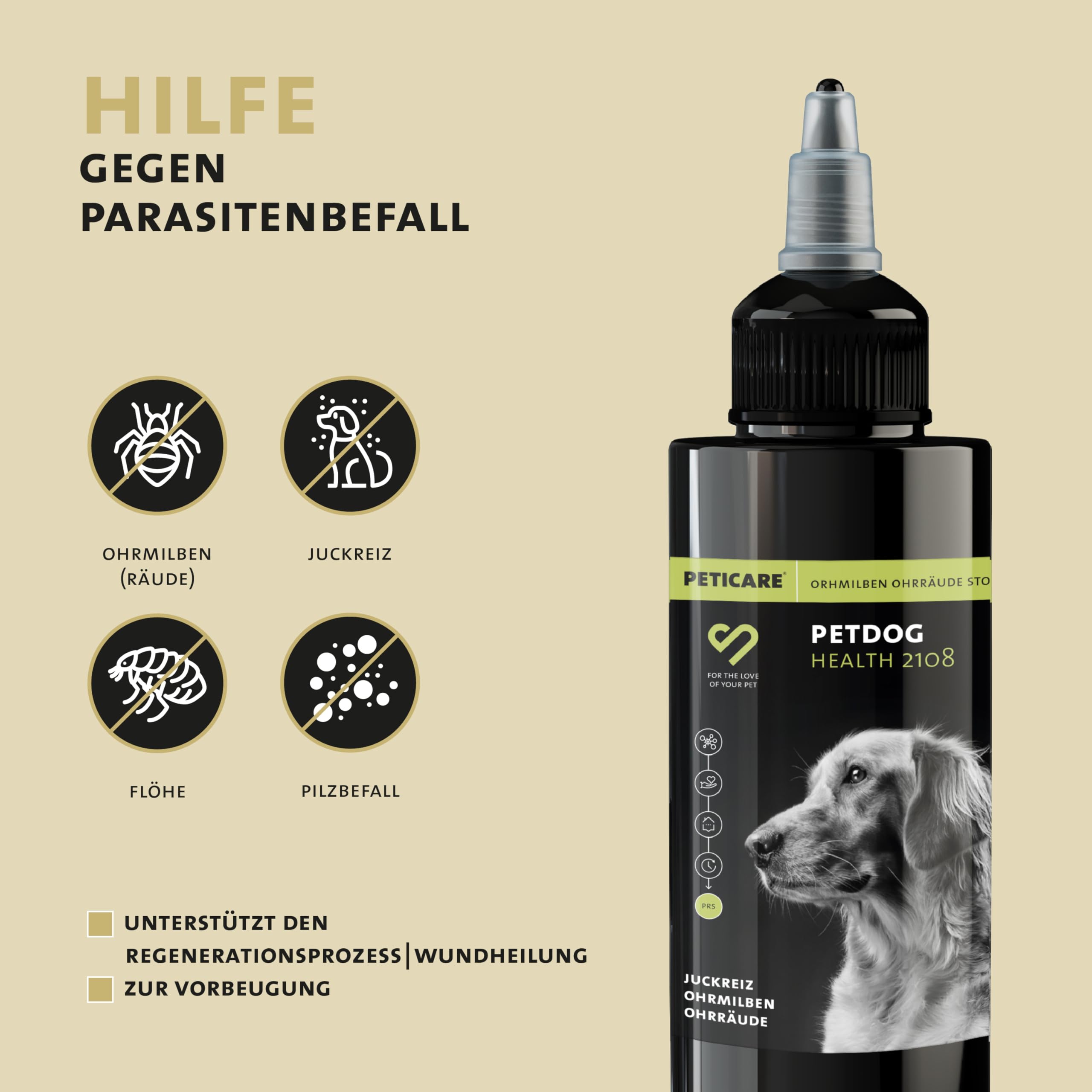 Peticare Anti-Parasiten Mittel für Hunde-Ohren | Gegen Ohrmilben Räude Pilze, Lindert Juckreiz, Fördert Regenerationsprozess, PRS® System für lange Wirkung