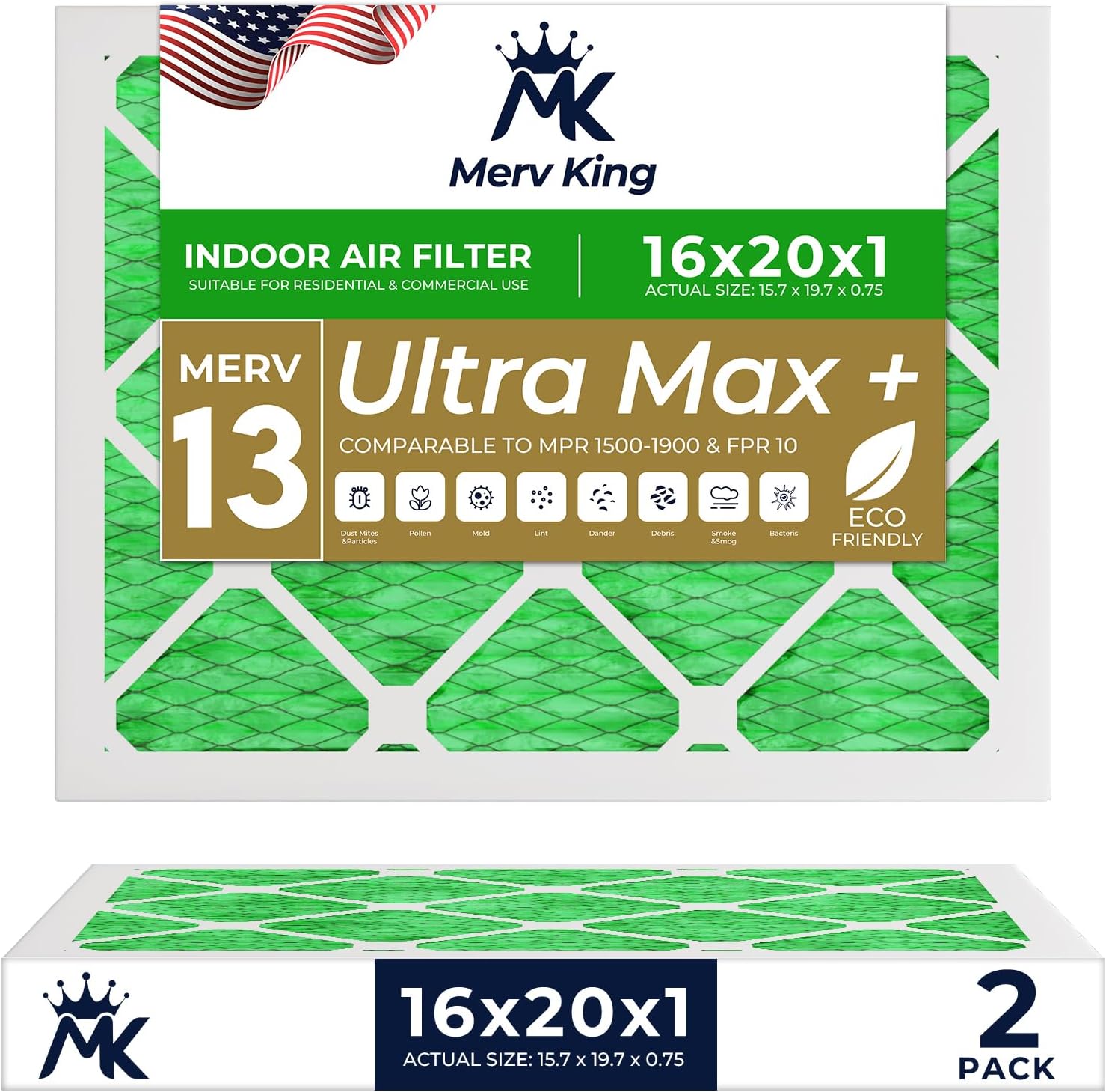 MervKing 16x20x1 Air Filter Actual Size: 15.7" x 19.7" x 0.75" MERV 13 MPR 1500-1900 | MADE IN USA | 2-Pack | Pleated HVAC AC Furnace Replacement