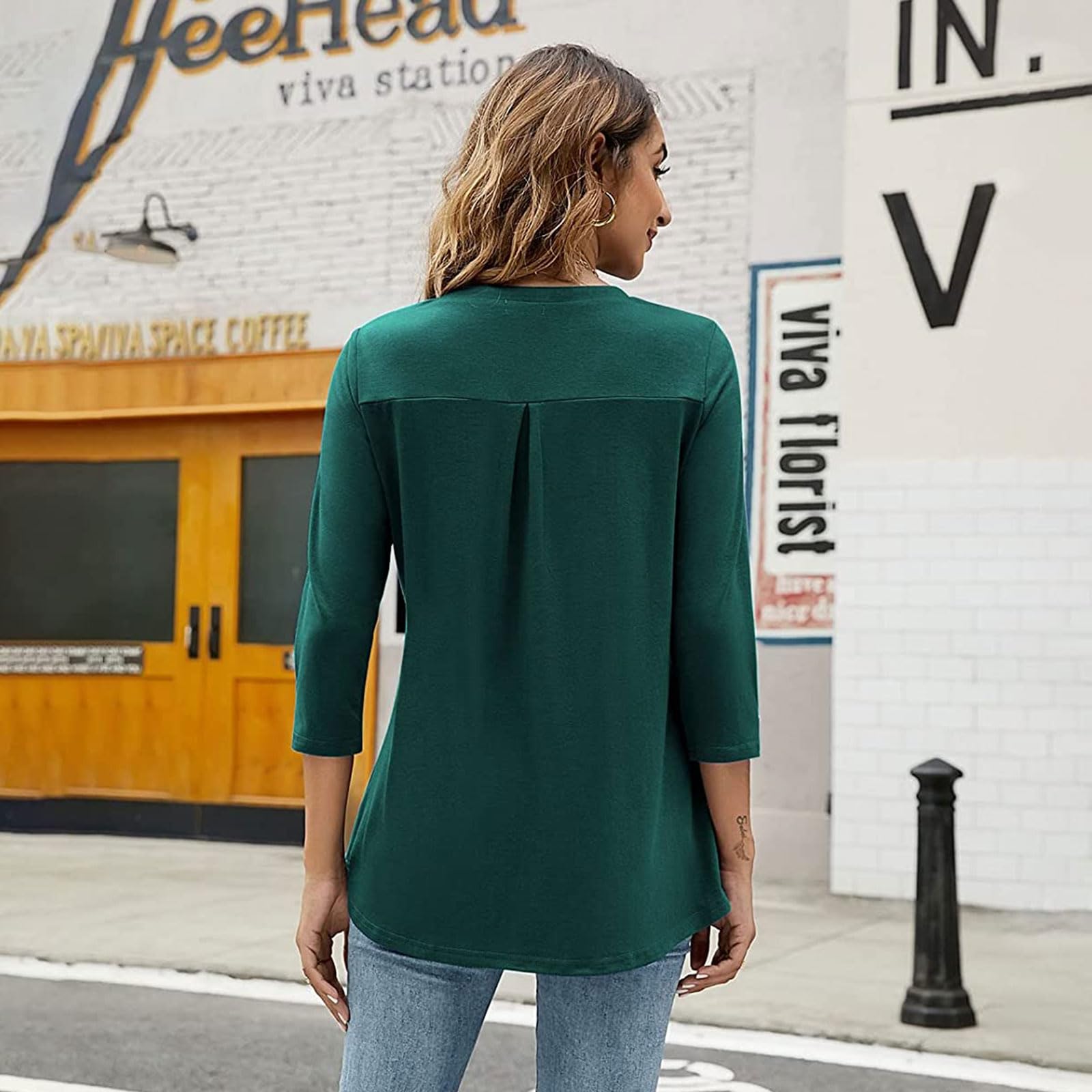 Bluzka 3/4 Rękaw Bluzki Damskie Dekolt w serek Jednolity kolor Casual Top Eleganckie Luźne Koszule T Shirt