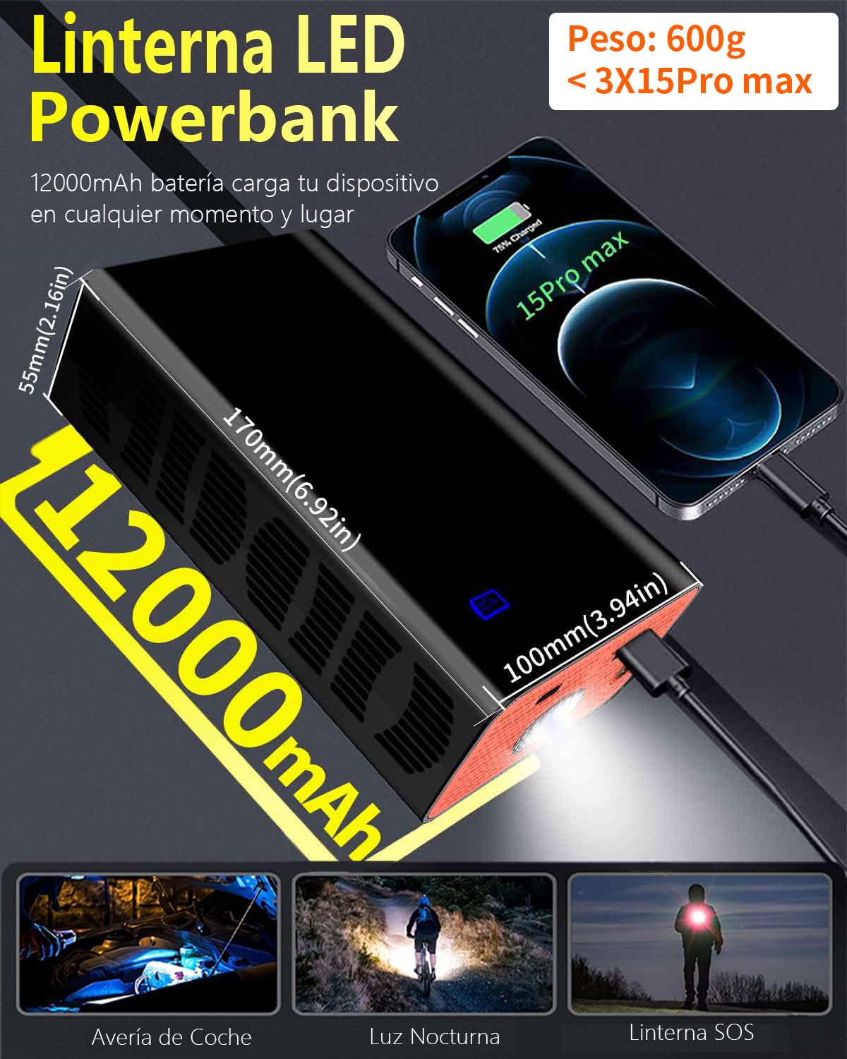 12000mAh Inflador Ruedas Coche- Velocidad 4X, 150PSI Mini Compresor Aire Portatil Bateria, Inflador Electrico Bicicleta para Válvula Schrader/Presta/Dunlop, 10Bar Hinchador Ruedas Moto/Bici/SUV
