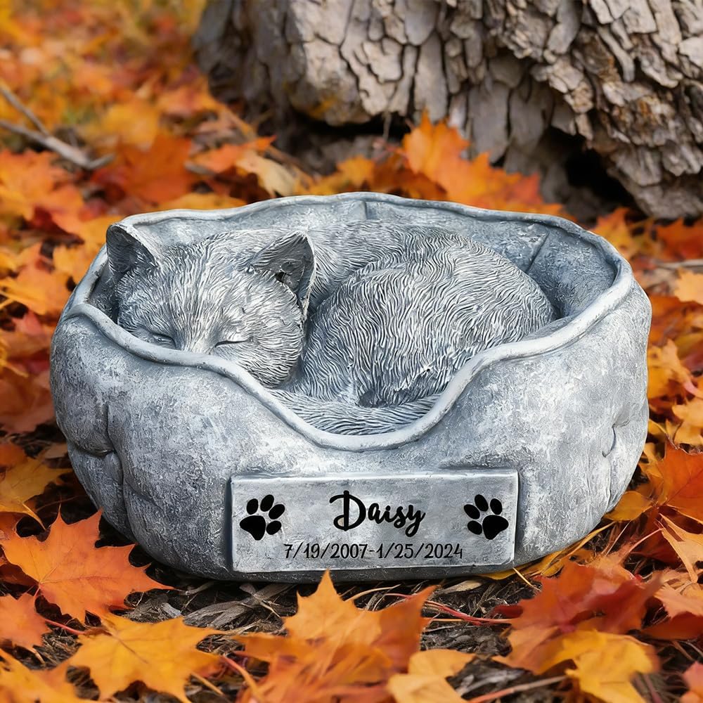 Cat Memorial Stones Grave Markers Engraved with Name, Personalized Pet Headstones for Cat Loss Memorial Gifts Remembrance Gifts Outdoors, Sleeping Kitty on the Pillow