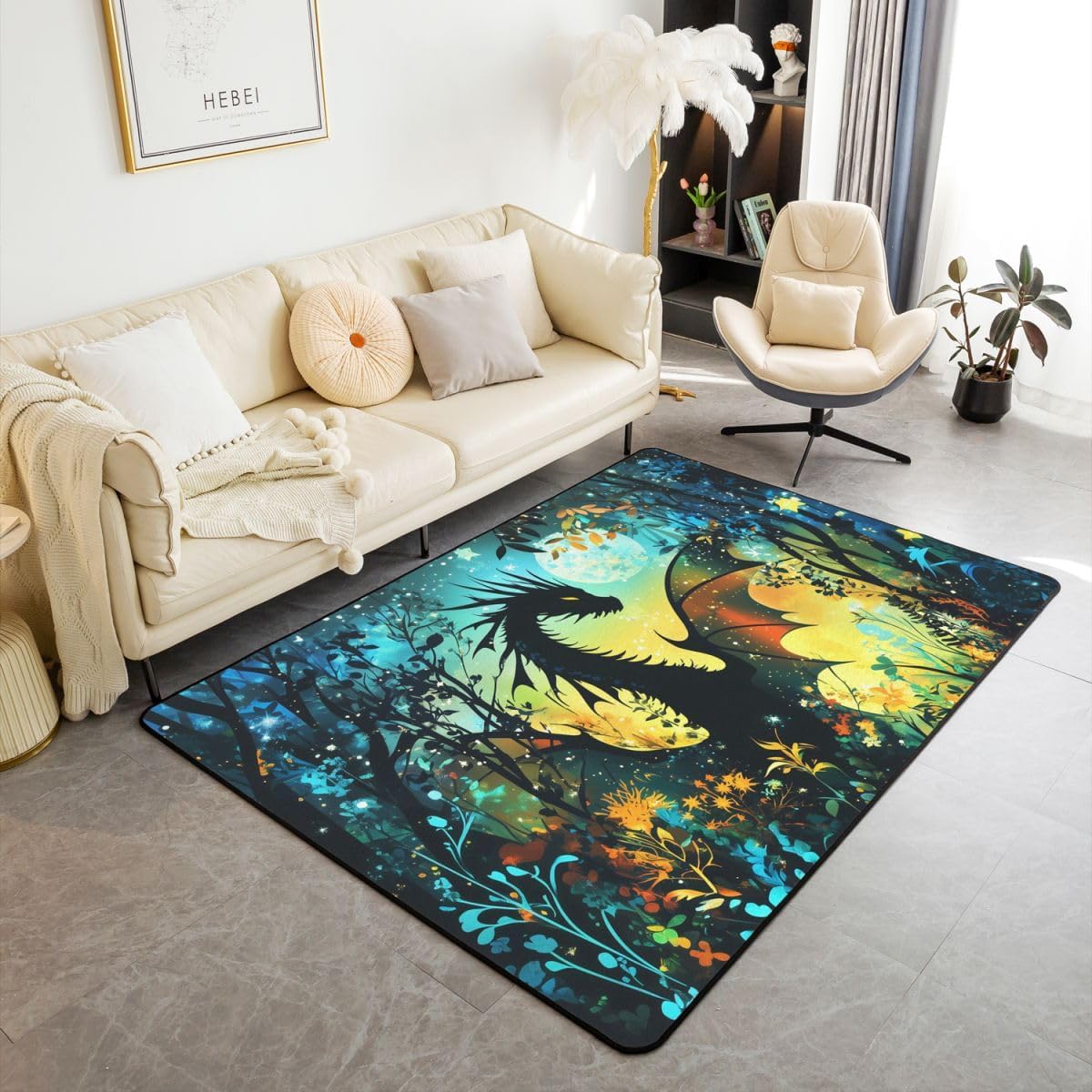 Gothic Dragon Mat Rug for Living Room Bedroom,Antique Wildlife Soft Cozy Carpet Magical Jungle Animal Decor Floor Mat Colorful Room Decorative Rug,3x5