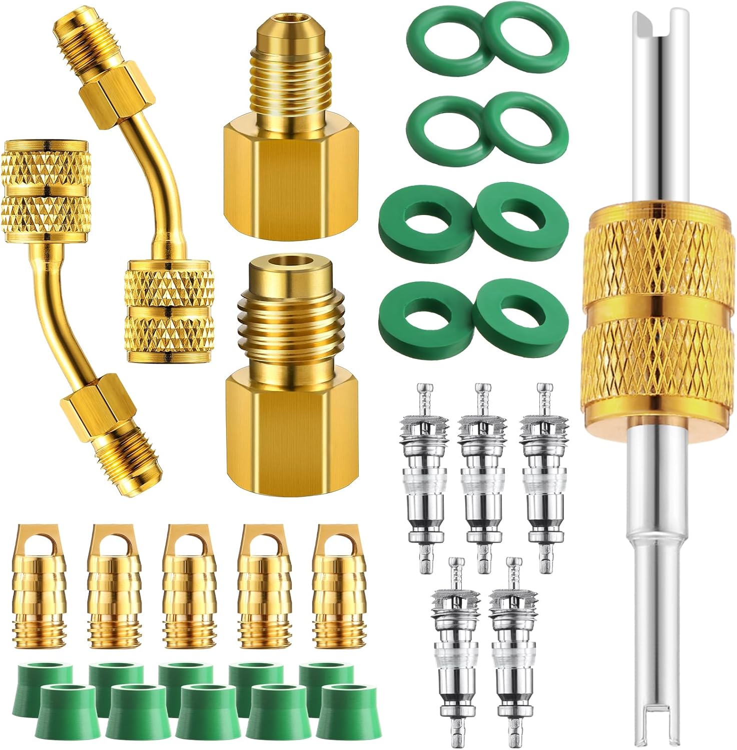 33 Pcs R410A Adapter Kit with 45° Angled Mini Split Adapter, 5/16" Female to 1/4" Male Flare for HVAC, Brass Refrigerant Fittings with Valve Core Remover