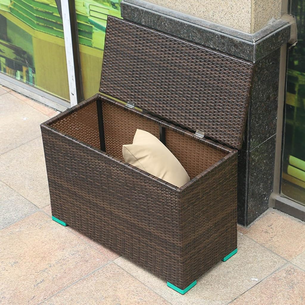 Scatola portaoggetti da esterno in rattan da 136 galloni, scatola da terrazza in rattan da patio, panca contenitore in vimini for interni, esterni, piscina, balcone, cortile, giardino, giocattoli for