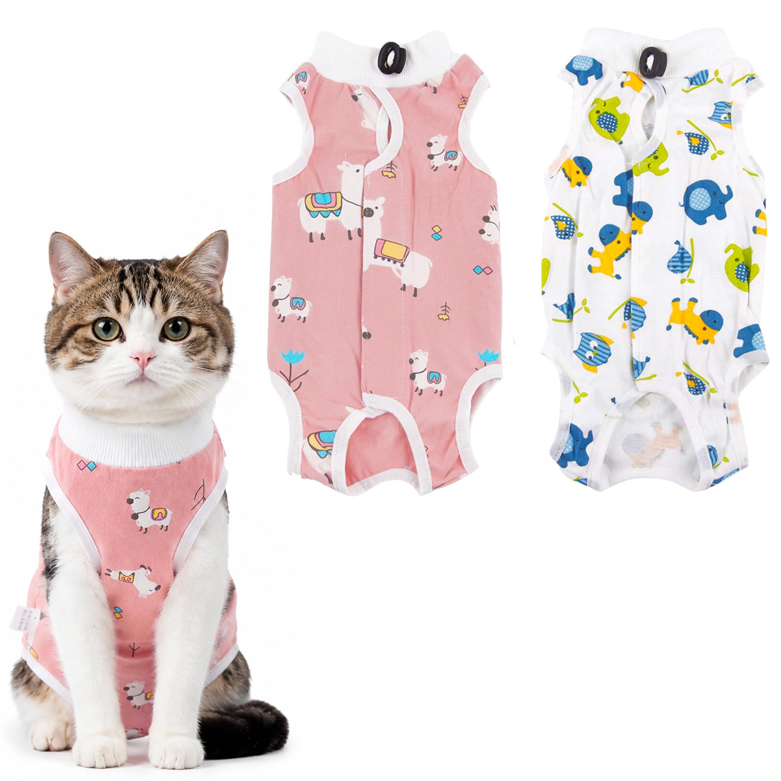 2 Pack Cat Recovery Suit, Cute Cartoon Printed, Adjustable Back Velcro Cat Onesie Post Surgery, Anti-Licking Wound Protection Cotton Vest for Spay Female Cats, Kittens Skin Care (M, Alpaca + Elephant)
