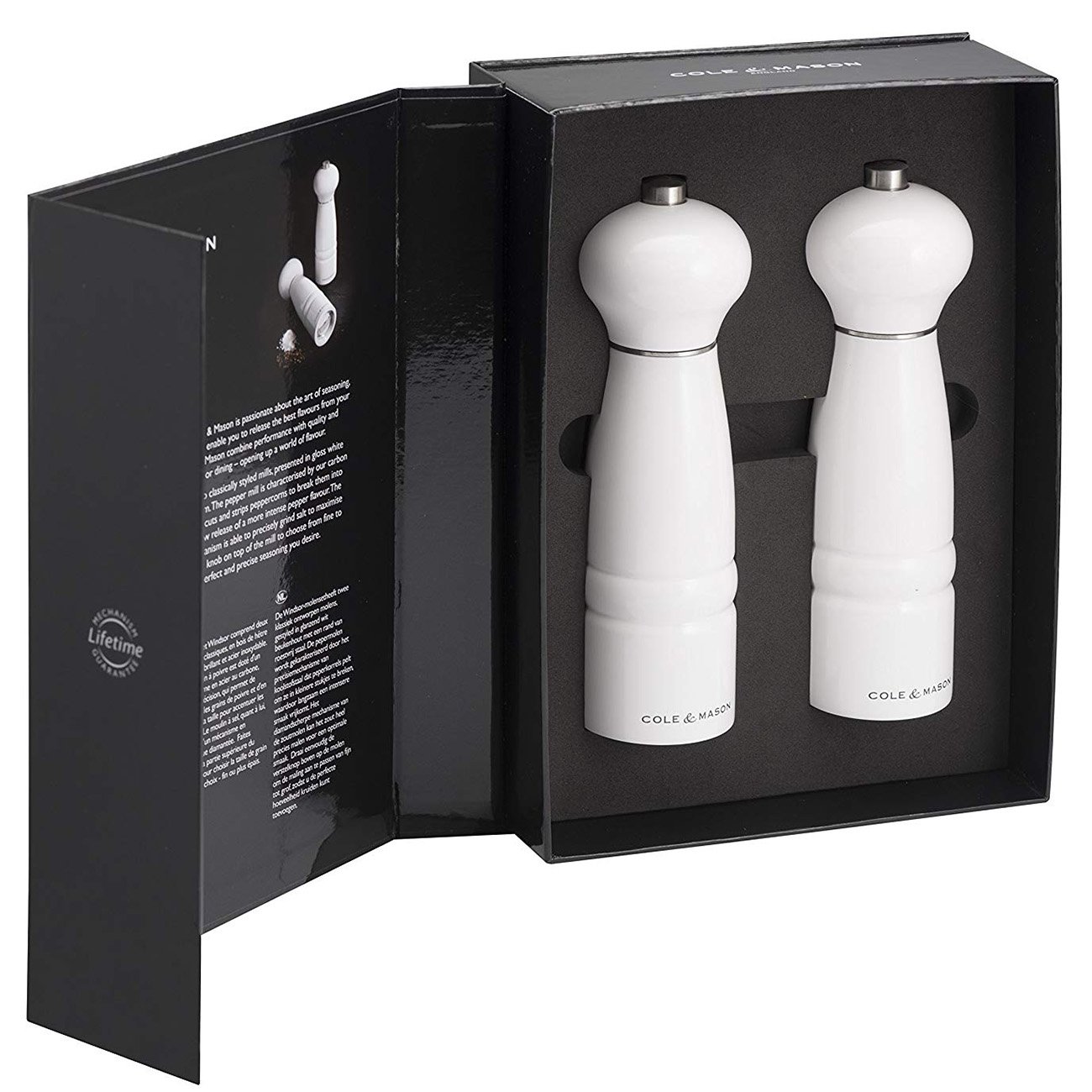 Cole and Mason 18 cm Madera de Haya Lacado Windsor molinillos de Sal y Pimienta de Regalo y Juego de, Acabado en Blanco Brillante