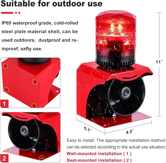 120dB Industrial Siren Alarm, IP65 Outdoor Sound and Light Alarm,, Adjustable Volume & Tone for Home, Office, Factory, Warehouse (Industrial, 12, V)