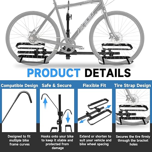 Miniatura 2 de Soporte de enganche para 2 bicicletas, plataforma de 140 libras de capacidad con correa, inclinación inteligente y diseño plegable, se adapta a