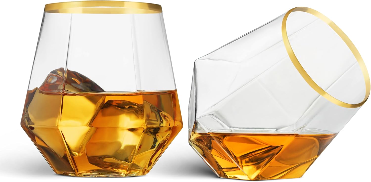 Munfix Gold Rim Plastic Stemless Wine Glasses 32 Pack - Diamond Shaped Unbreakable Disposable 12 Oz Clear Plastic Wine Champagne Whiskey Cups, Shatterproof Recyclable and BPA-Free - Image 2