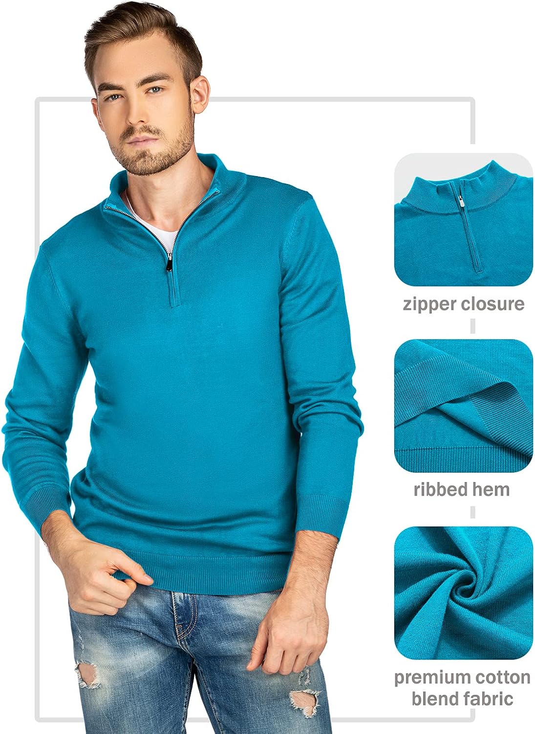 We1Fit Men's Quarter Zip Sweaters Slim Fit Cotton Knitted Mock Turtleneck Pullover at  Men’s Clothing store