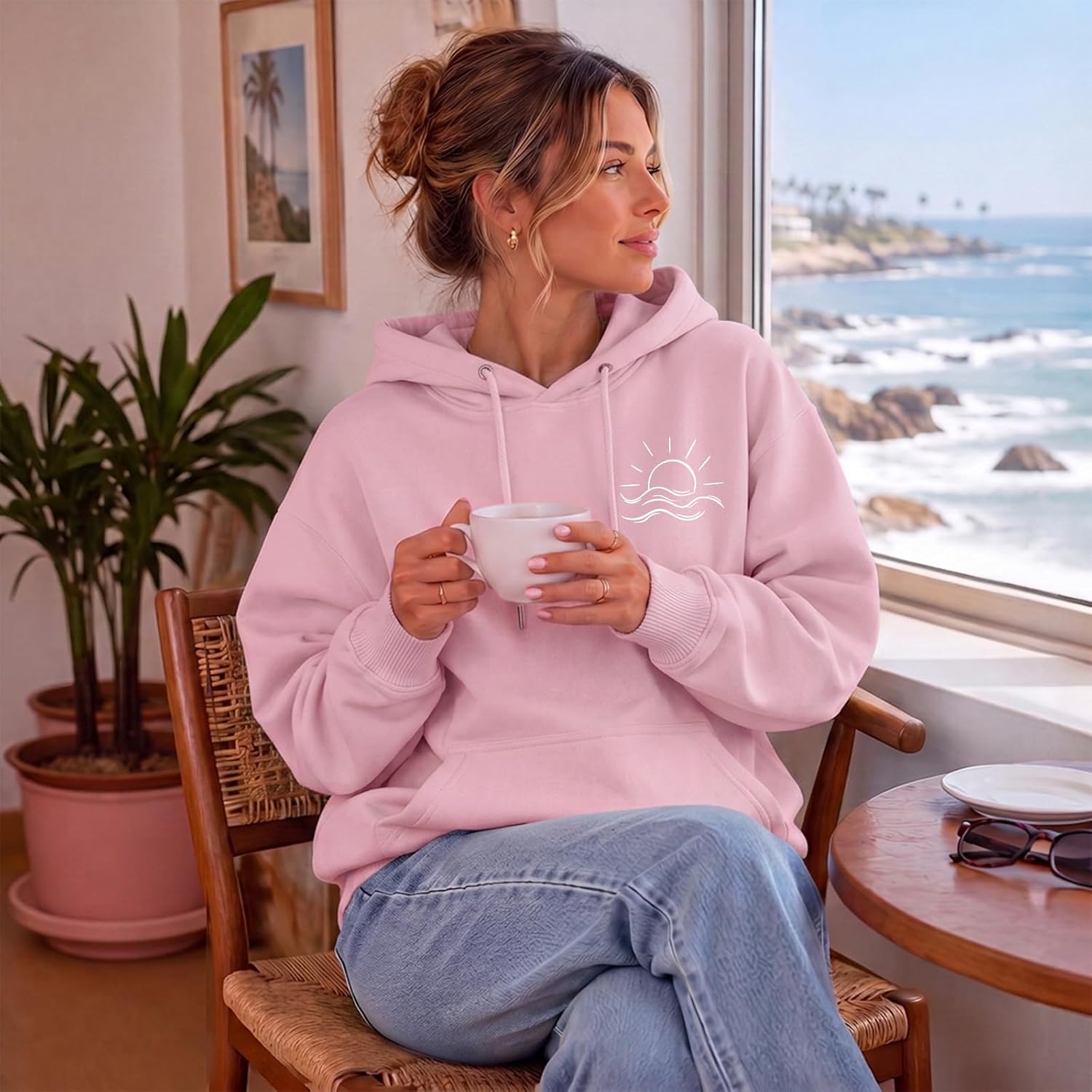 Cute Graphic Minimalist Hoodies for Women Aesthetic Ocean Hoodie image 3