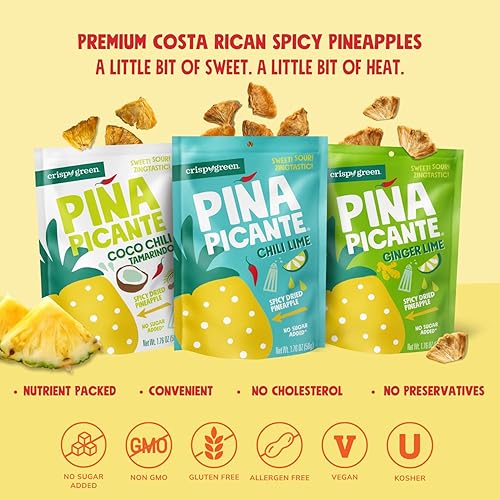 Miniatura 5 de Crispy Green Piña Picante, piña seca de jengibre y lima, aperitivos saludables de frutas reales, 1.76 onzas, 12 bolsas de una sola porción