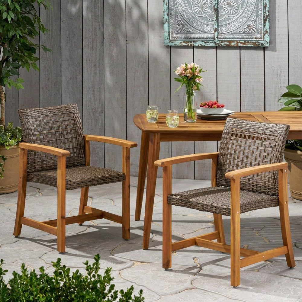 Hampton Wood and Wicker Dining Chairs, Set of 2 Coastal Style Patio Armchairs for Indoor Outdoor Use