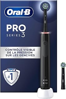 Oral-B Pro 3 3000 Brosse À Dents Électrique Oscillo-Rotative, Capteur De Pression Pour Protéger Les Gencives Sensibles, Mode Blancheur, 2 Brossettes Rondes De Rechange, 1 Chargeur, Noire