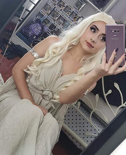 Miniatura 7 de morvally Peluca larga rubia ondulada trenzada para mujer, pelucas de cosplay para mujer, fiesta de disfraces de Halloween (rubio claro)