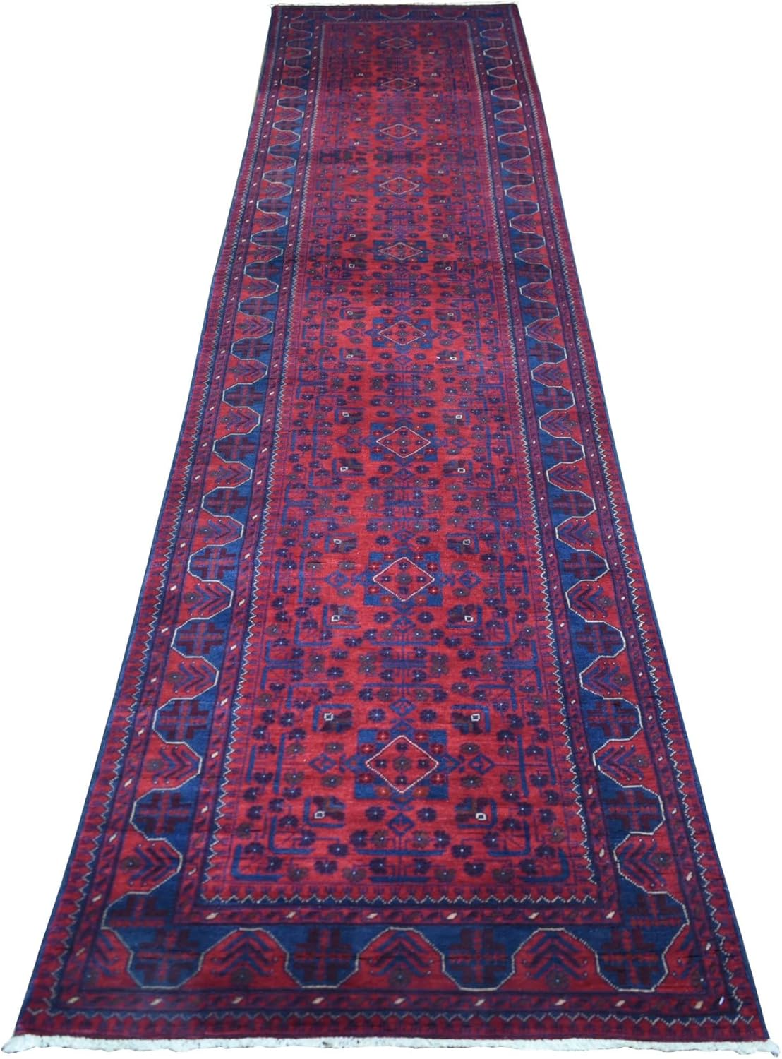 Deep and Saturated Red Natural Dyes Afghan Khamyab Pure Wool with Geometric Design Hand Knotted Runner Oriental Rug (2'10"x12'8")