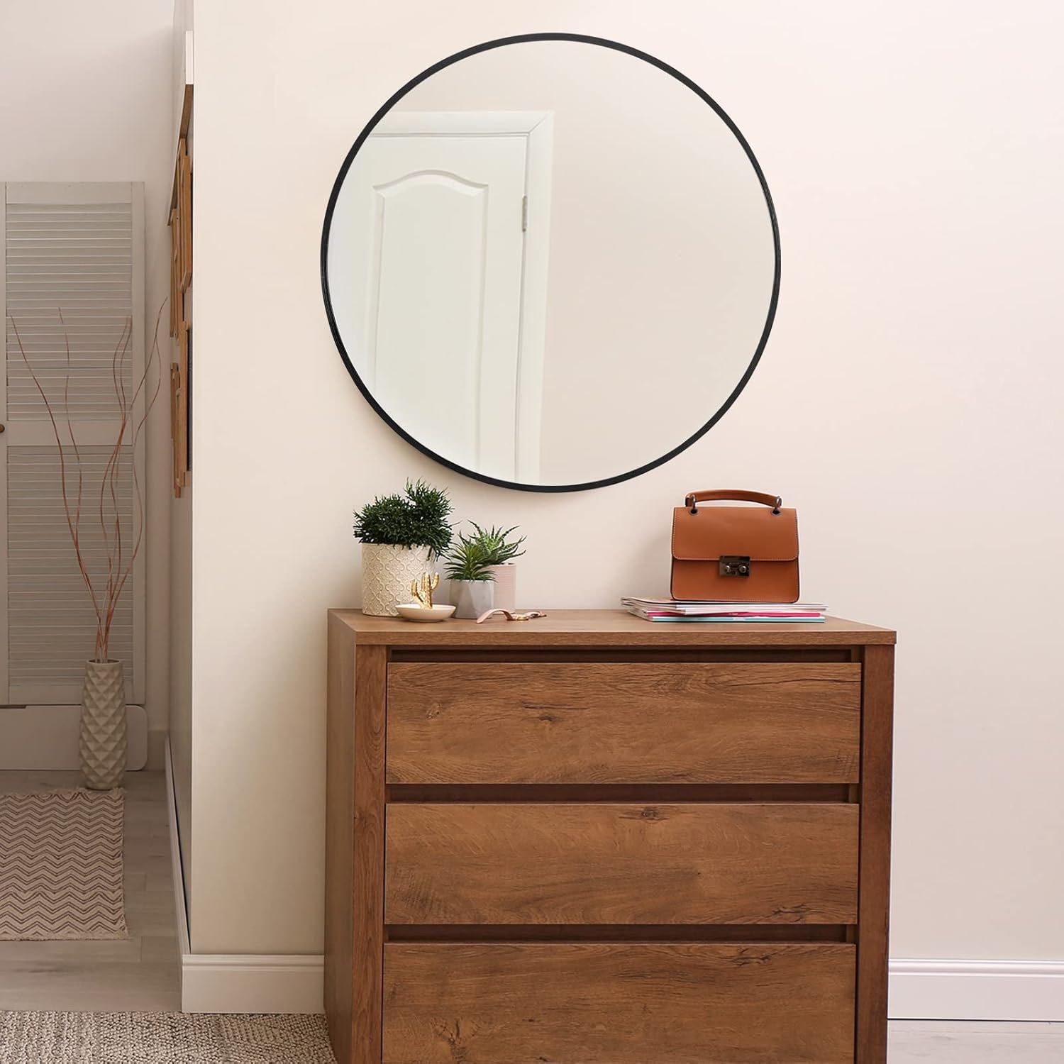 MIRUO Round Mirror 32 inch Circle Mirrors for Wall Mounted Black Mirror Round Bathroom Mirror for Wall Circle Mirrors Wall Decor Vintage Mirror Round Wall Mirrors Aluminum Alloy Thin Frame
