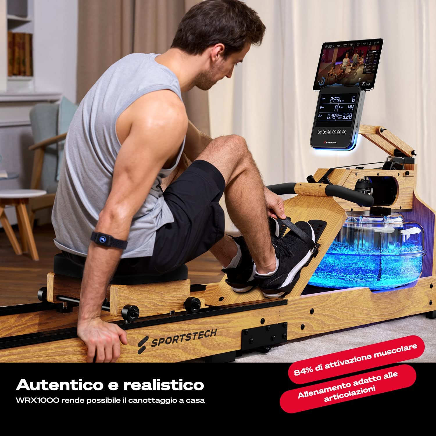 Sportstech - WRX1000 Water Vogatore, Vogatore Pieghevole per Casa, Premium Vogatore ad Acqua con Tecnologia Pulse Serbatoio dell'Acqua a 7 Zone LED e Display LCD